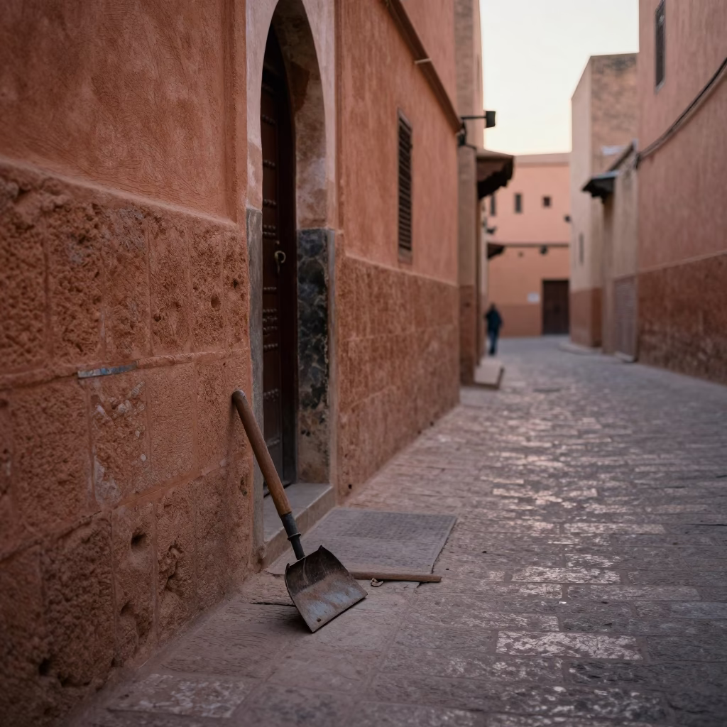 Early Morning Fez Morocco Street Scene with Boot Scraper at Dawn in in Fez, Morocco