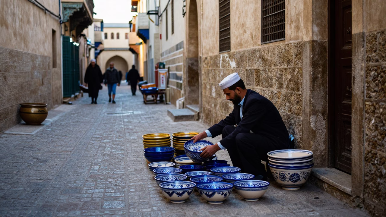 Early Morning Fez Morocco Street Scene with Ceramic Bowls and Local Commerce in in Fez, Morocco