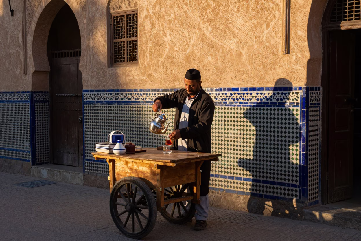Early Morning Fez Morocco Street Scene with Ceramic Pitcher and Umbrella Stand in in Fez, Morocco