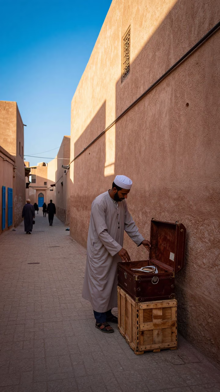 Early Morning Fez Morocco Street Scene with Hatbox and Traditional Architecture in in Fez, Morocco