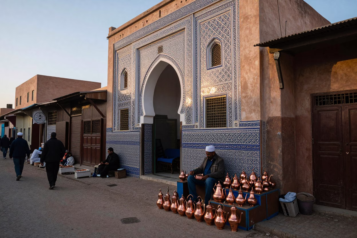 Early Morning Fez Morocco Street Scene with Local Vendor and Traditional Tea Service in in Fez, Morocco