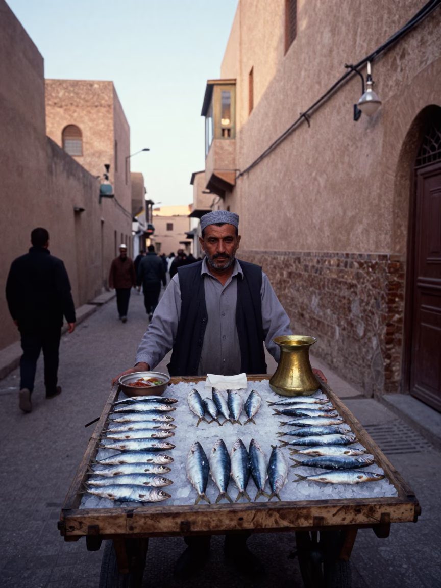 Early Morning Fez Morocco Street Scene with Sardines and Brass Microscope in in Fez, Morocco