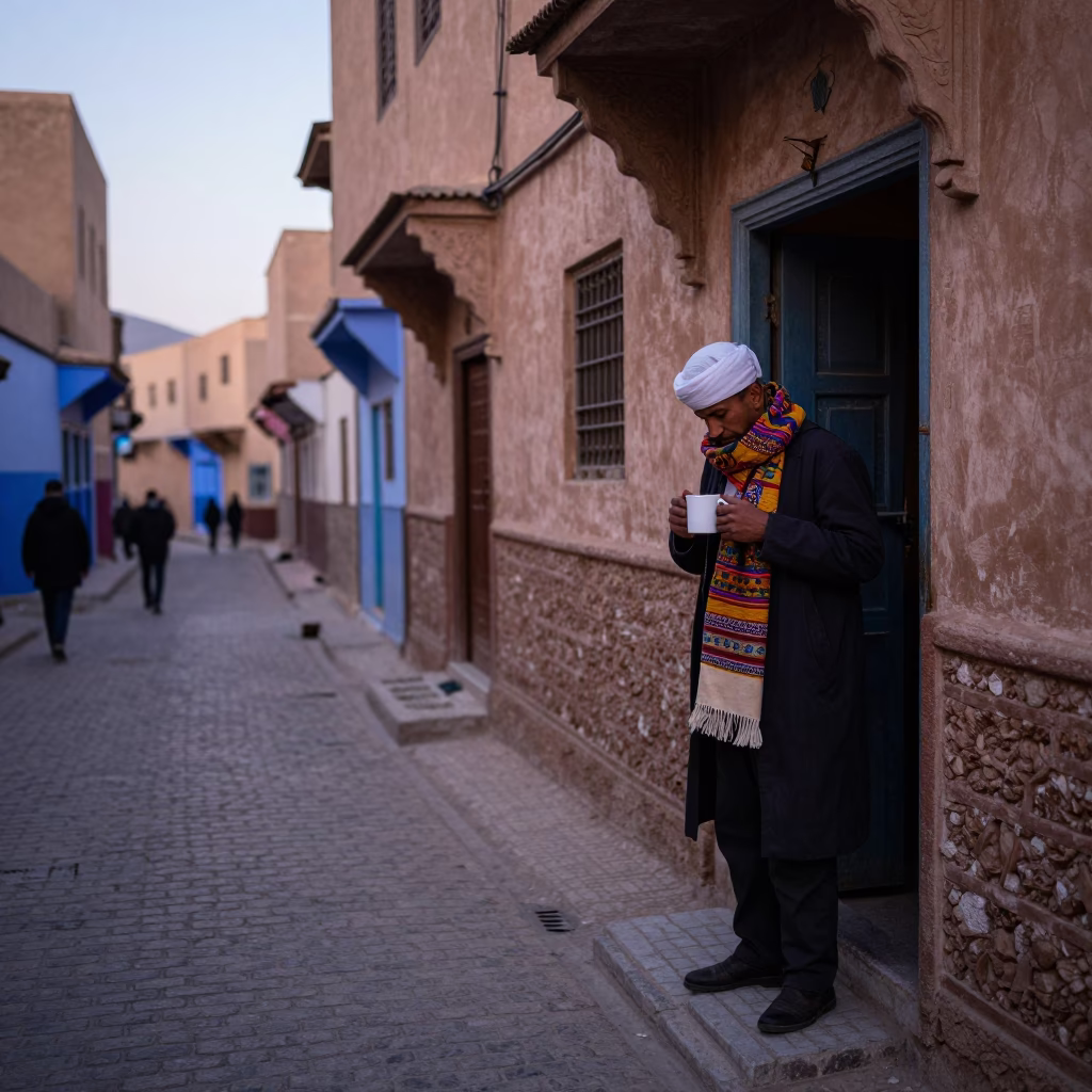 Early Morning Fez Morocco Street Scene with Scarf and Mug in in Fez, Morocco