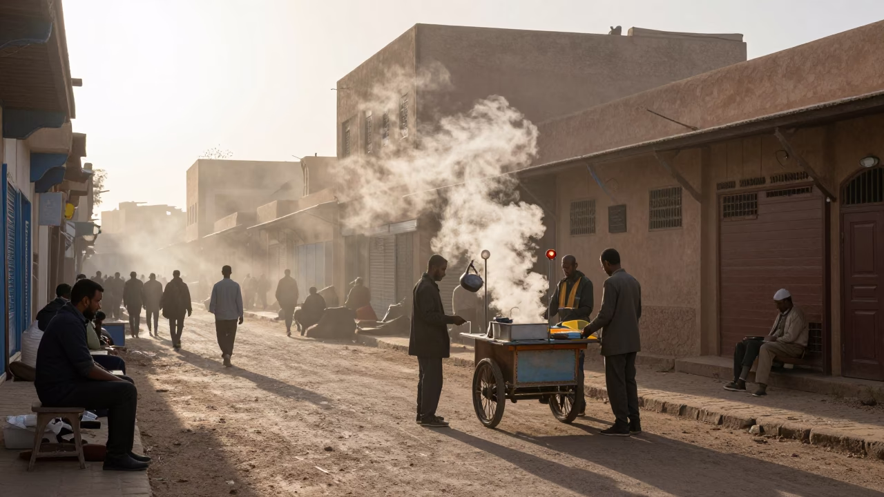 Early Morning Fez Morocco Street Scene with Steam Haze and Local Commerce in in Fez, Morocco