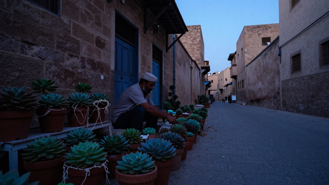 Early Morning Fez Morocco Street Scene with Succulents and Twine Latch Details in in Fez, Morocco