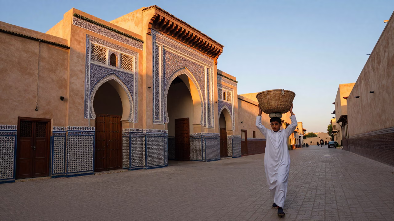 Early morning Fez Morocco street scene with traditional architecture and local commerce at dawn in in Fez, Morocco