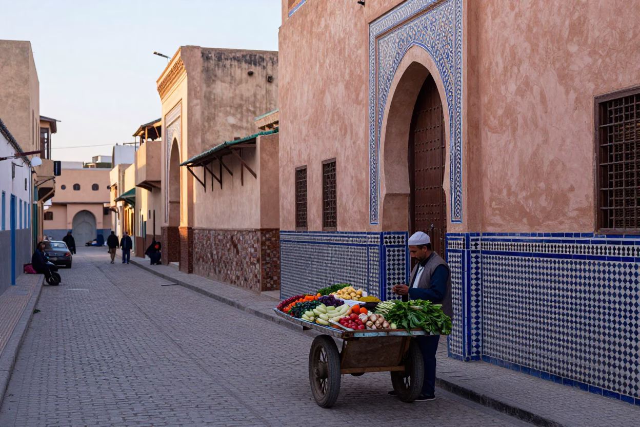 Early Morning Fez Morocco Street Scene with Traditional Architecture and Local Life in in Fez, Morocco