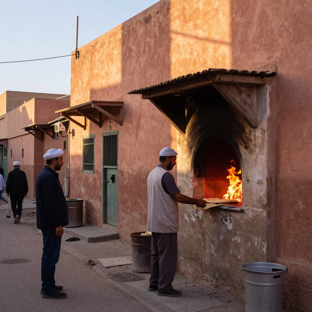 Early Morning Fez Morocco Street Scene with Traditional Bakery and Local Life in in Fez, Morocco
