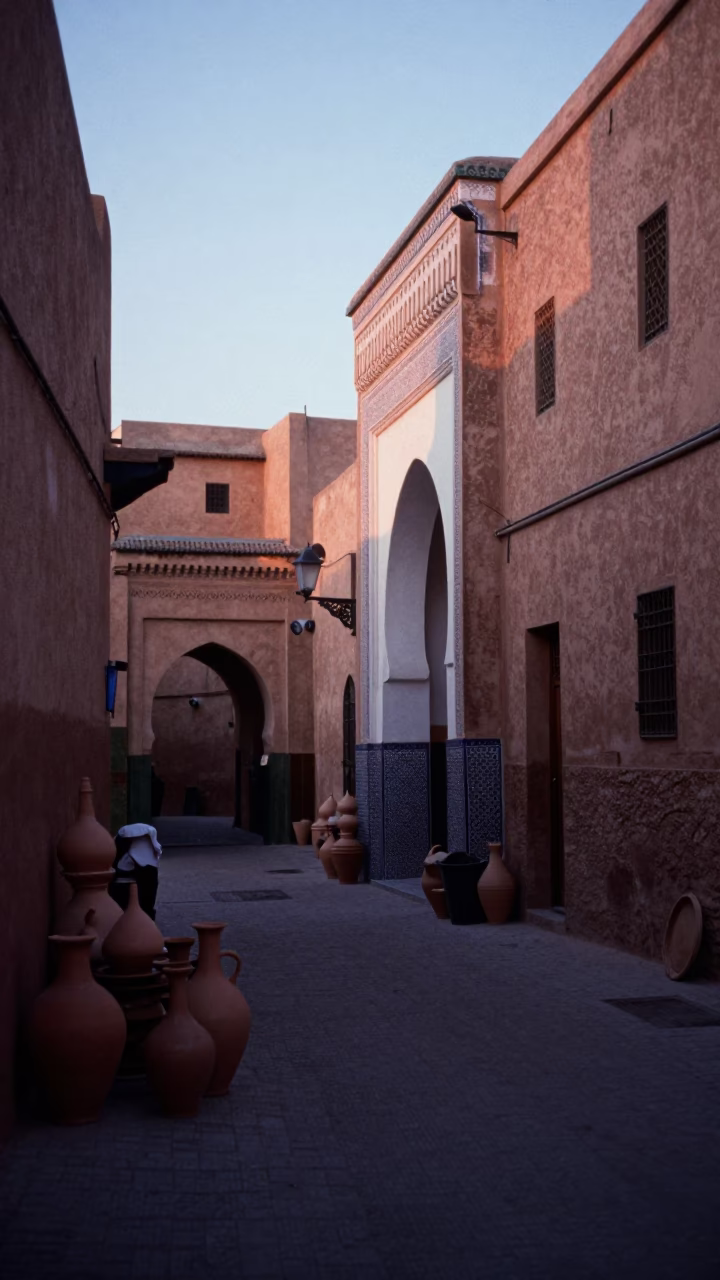 Early Morning Fez Morocco Street Scene with Traditional Pottery and Soap Residue in in Fez, Morocco