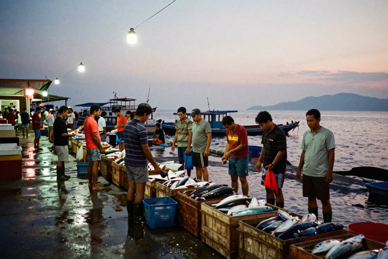 Early Morning Fish Auction Activity at Phuket Port Thailand Before Dawn in in Phuket, Thailand