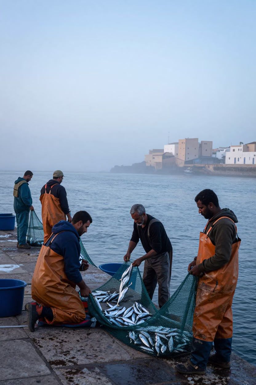 Early Morning Fish Market Activity in Essaouira Morocco Before Sunrise in in Essaouira, Morocco
