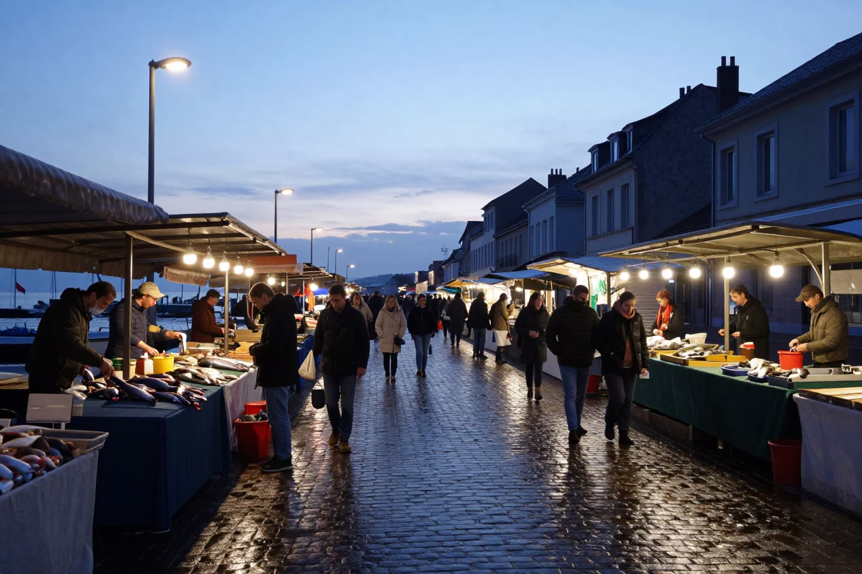 Early Morning Fish Market Activity in Nice France Before Sunrise in in Nice, France