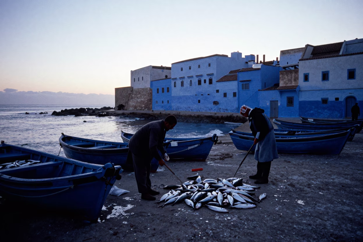 Early Morning Fishermen Sorting Catch on Blue Walled Street in Essaouira Morocco in in Essaouira, Morocco