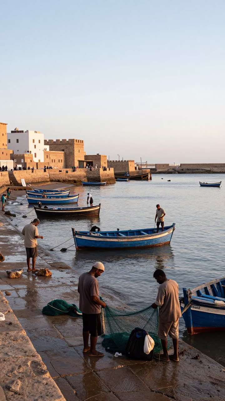 Early Morning Fishermen Unloading Catch in Essaouira Harbor Morocco in in Essaouira, Morocco