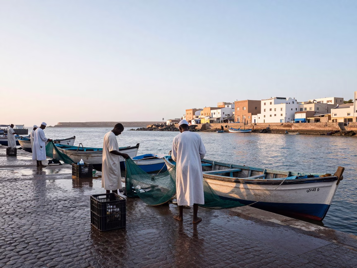 Early Morning Fishermen Unloading Catch in Essaouira Port Morocco in in Essaouira, Morocco