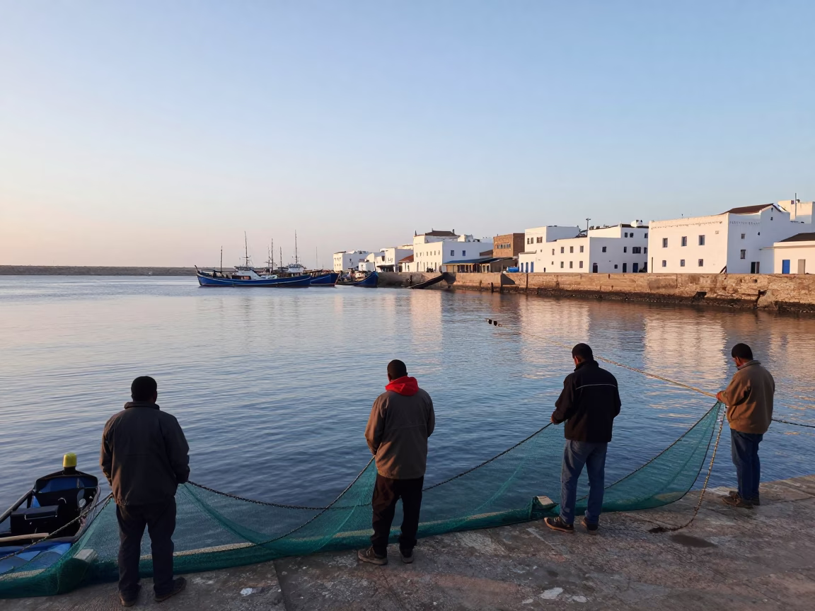 Early Morning Fishing Activity in Essaouira Morocco Harbor at Dawn in in Essaouira, Morocco