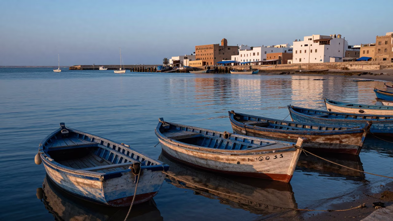 Early Morning Fishing Port in Essaouira Morocco with Wooden Boats and Local Fishermen in in Essaouira, Morocco
