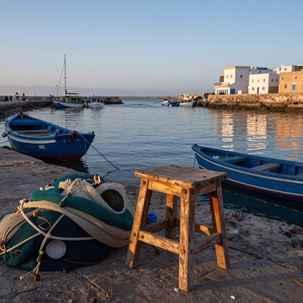 Early Morning Fishing Port Scene in Essaouira Morocco with Wooden Work Stool in in Essaouira, Morocco
