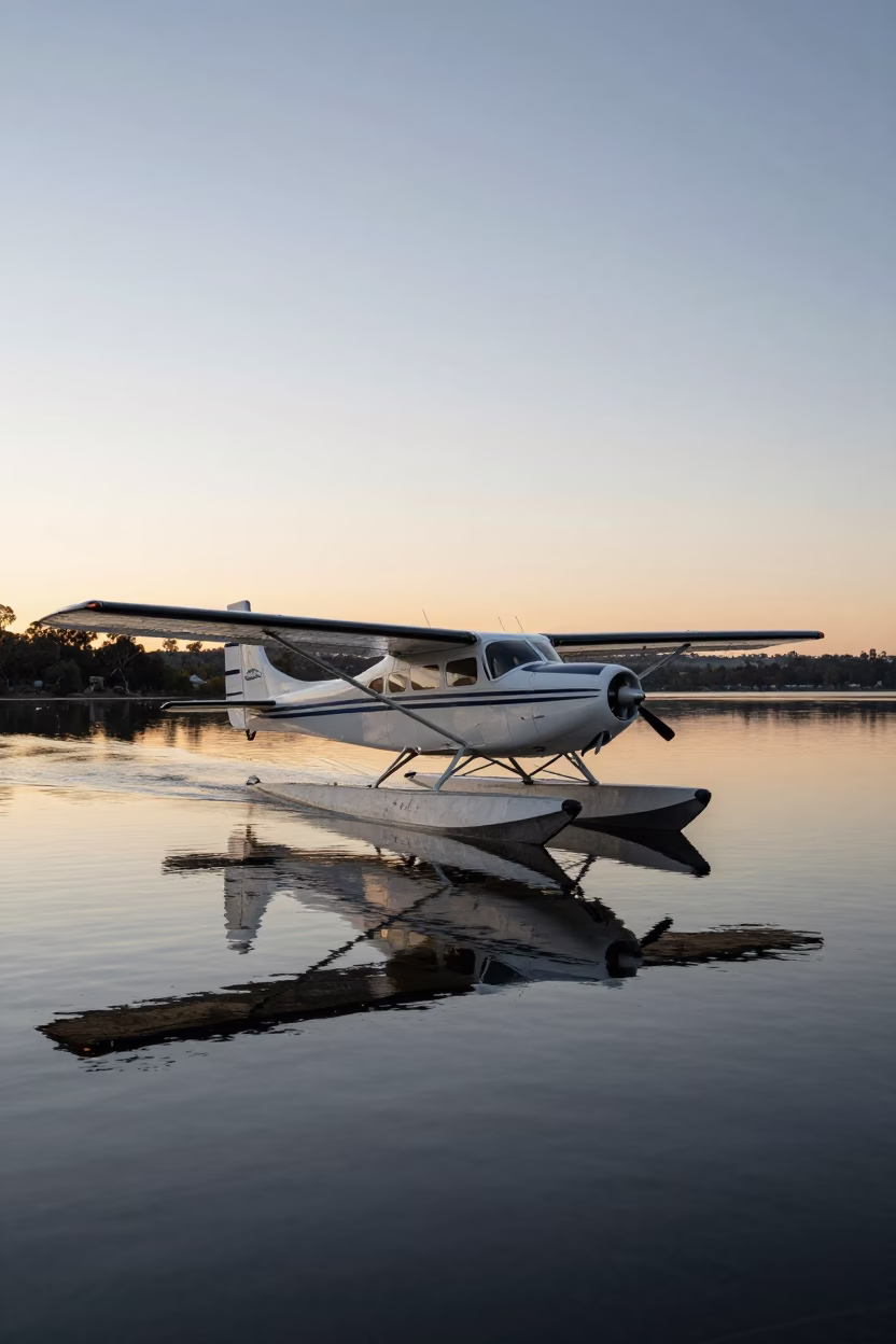 Early Morning Floatplane on Swan River Perth Western Australia Dawn Light in in Perth, Western Australia, Australia