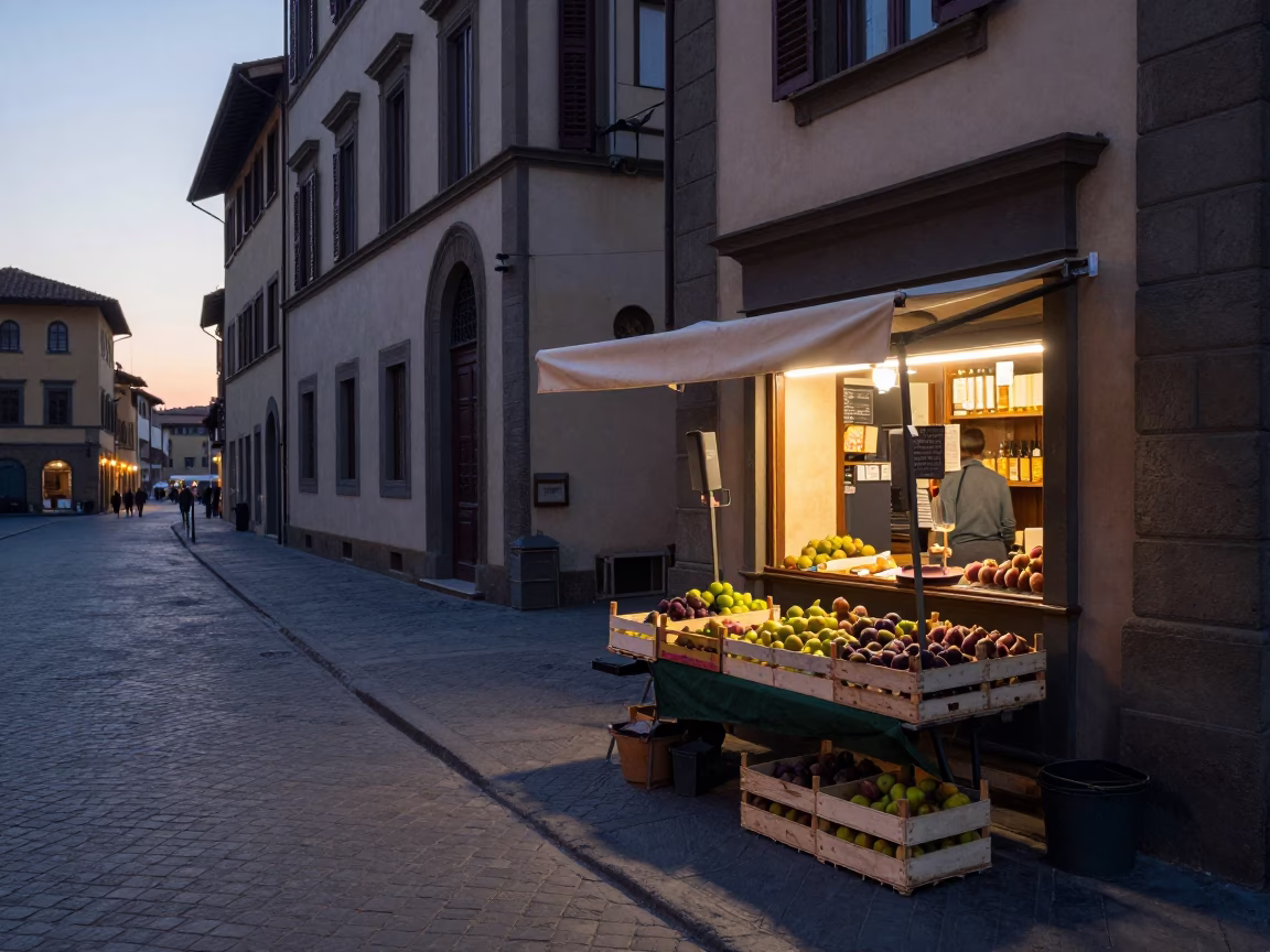 Early Morning Florence Italy Dawn Street Scene with Local Bakery Goods and Urban Details in in Florence, Italy