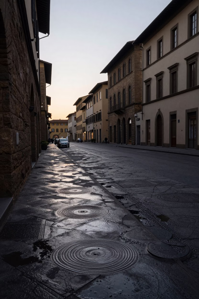 Early Morning Florence Italy Dawn Street Scene with Water Stains and Twine in in Florence, Italy
