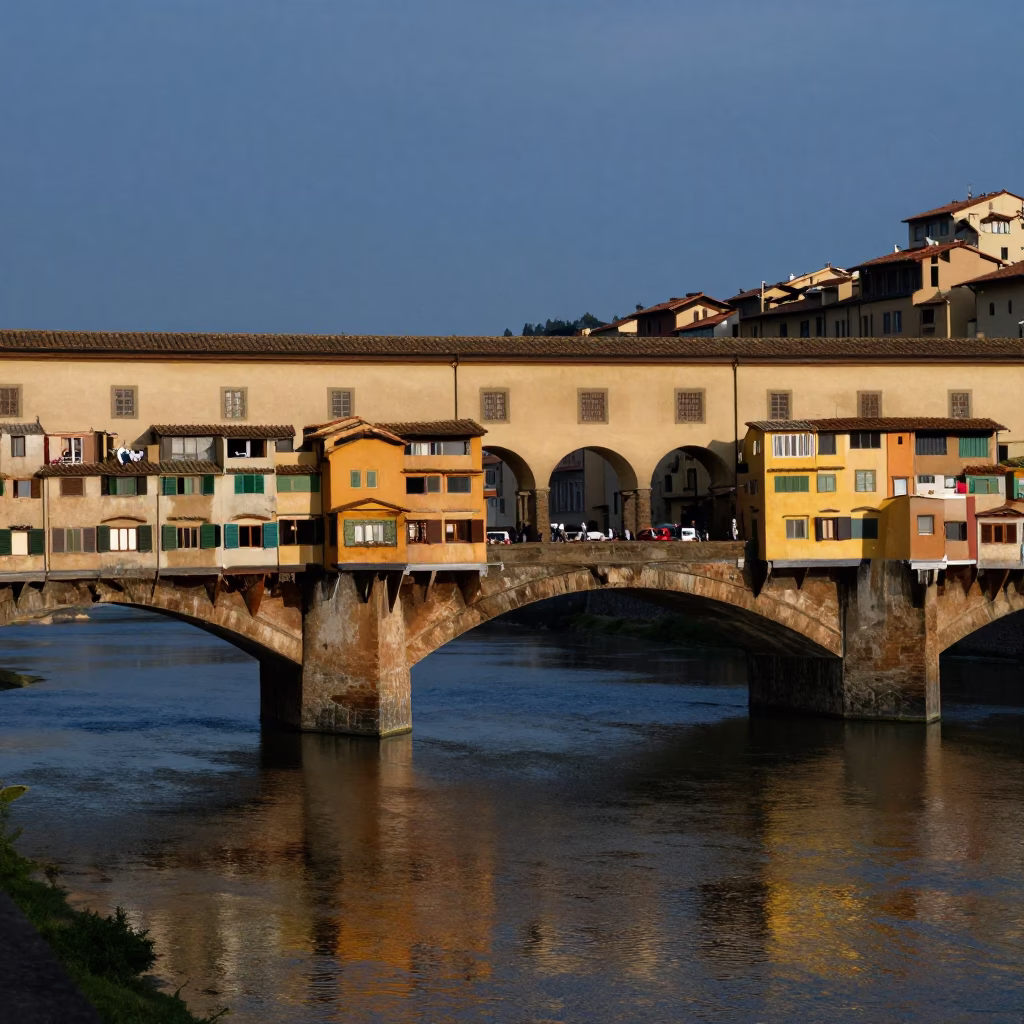 Early Morning Florence Italy Ponte Vecchio Stone Bridges Over Arno River Before Sunrise in in Florence, Italy