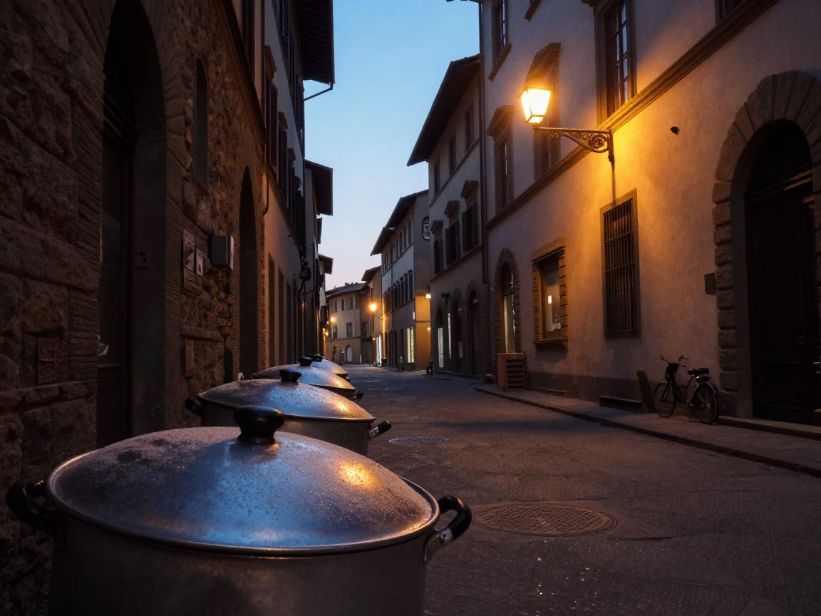Early Morning Florence Italy Street Scene Before Dawn with Local Market Activity in in Florence, Italy