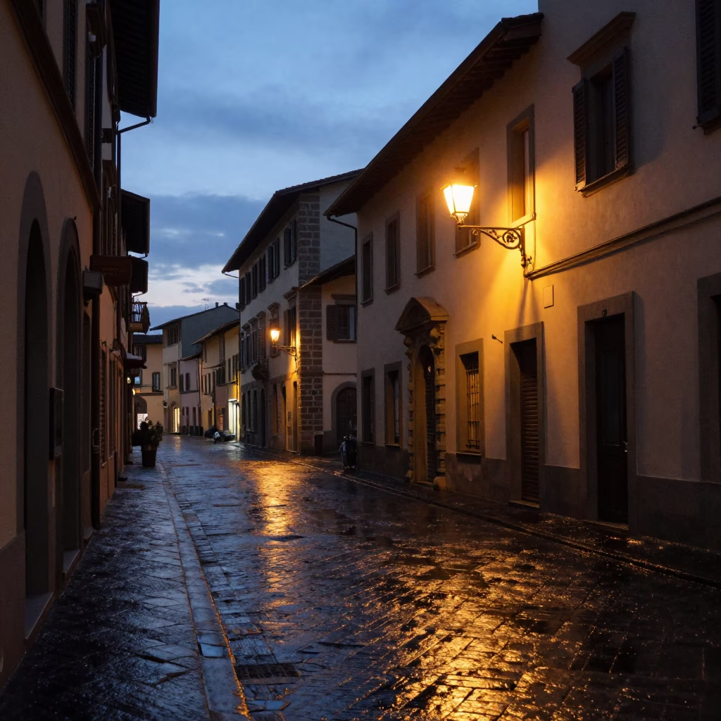 Early Morning Florence Italy Street Scene Before Dawn with Local Shopkeeper in in Florence, Italy