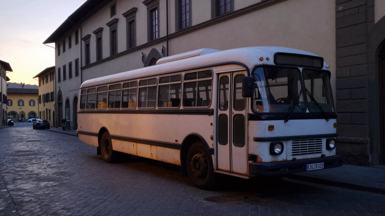 Early Morning Florence Italy Street Scene Before Sunrise with Old Bus and Rust in in Florence, Italy