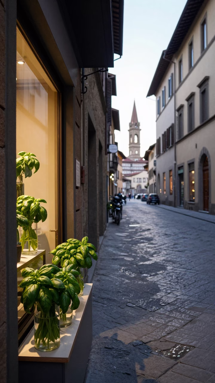 Early Morning Florence Italy Street Scene with Basil Leaves and Doorknob in in Florence, Italy