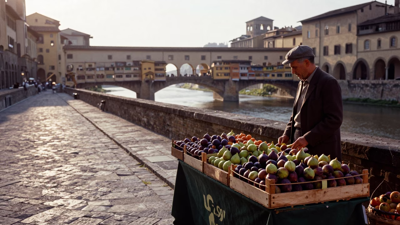 Early Morning Florence Italy Street Scene with Figs and Local Morning Routine in in Florence, Italy