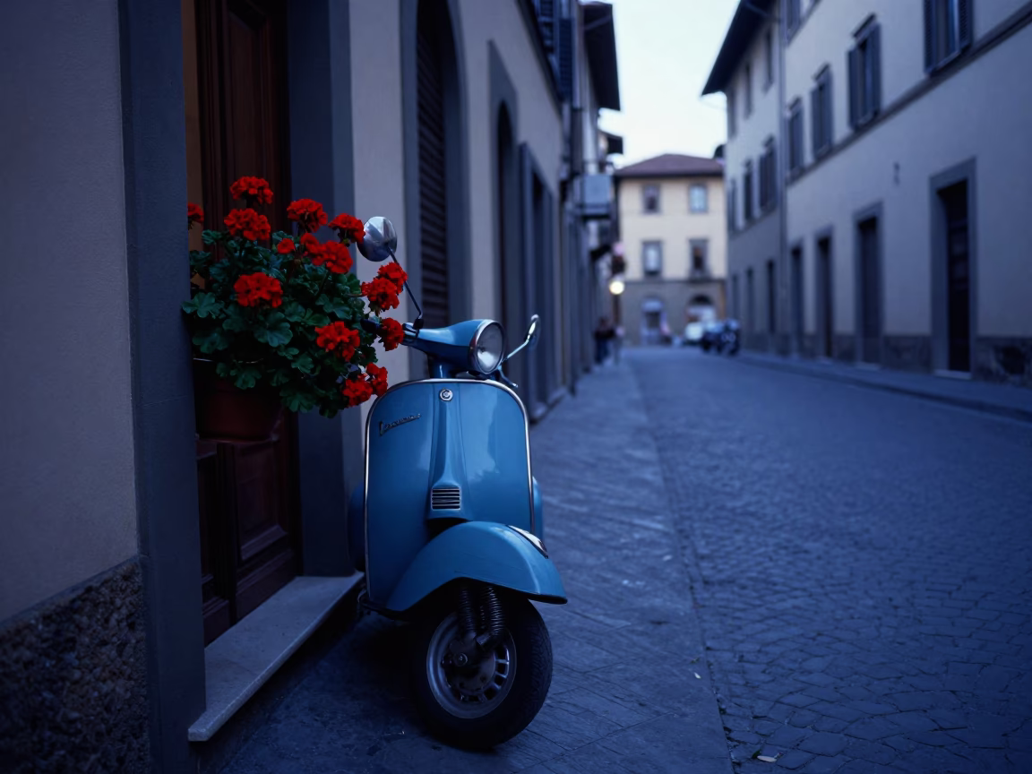 Early Morning Florence Italy Street Scene with Geraniums and Vintage Scooter Before Sunrise in in Florence, Italy