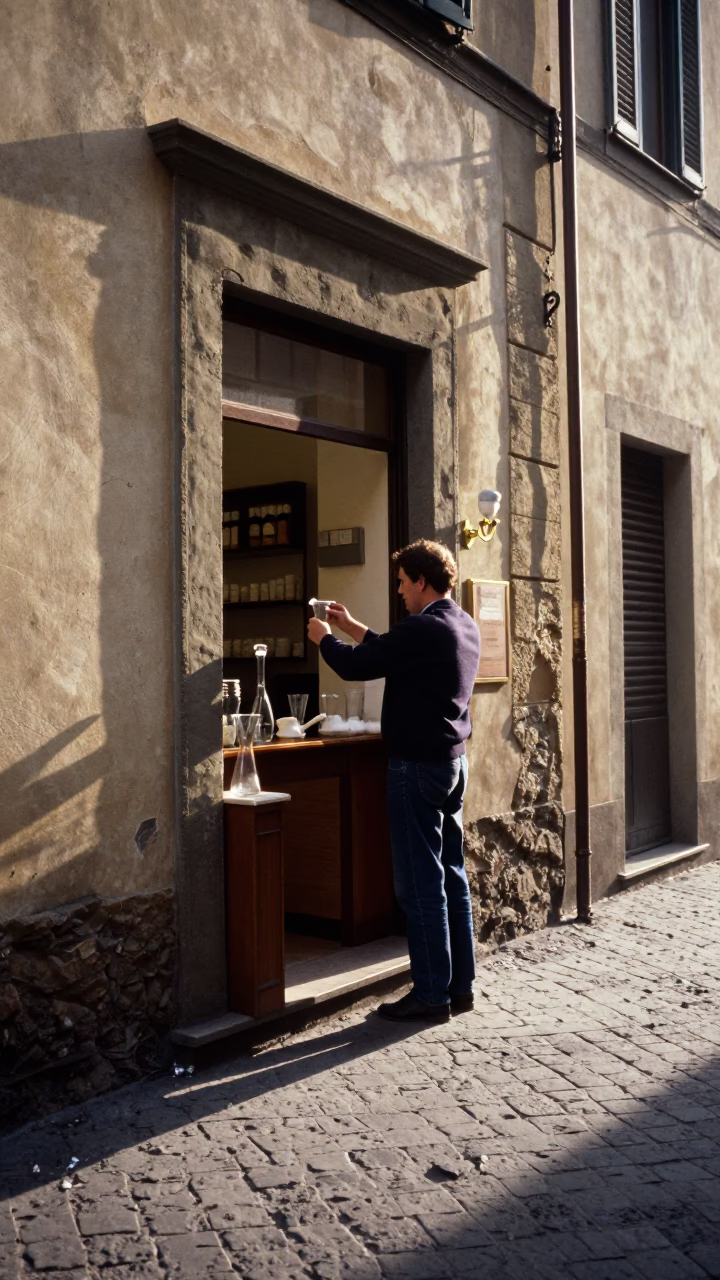 Early Morning Florence Italy Street Scene with Glass Carafe and Wall Hook in in Florence, Italy