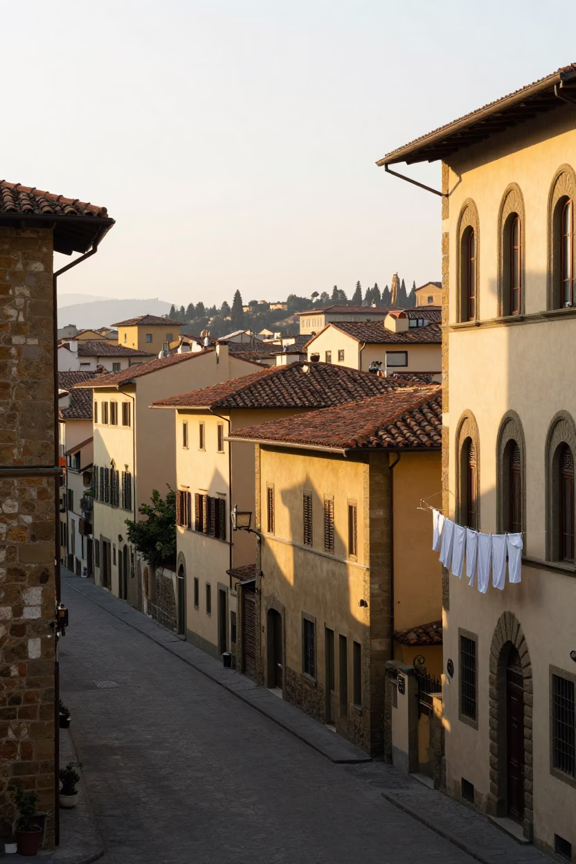 Early Morning Florence Italy Street Scene with Laundry and Architecture in in Florence, Italy