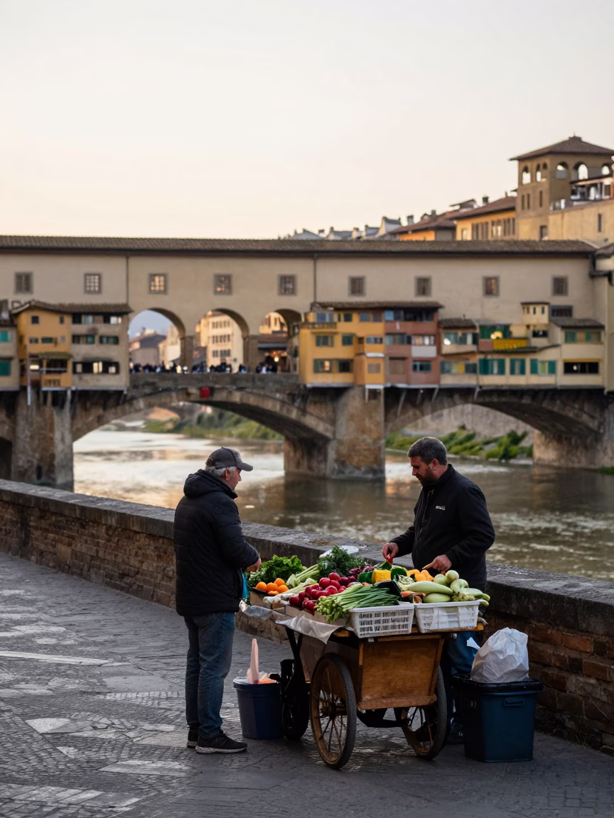 Early Morning Florence Italy Street Scene with Local Vendor and Traditional Elements in in Florence, Italy