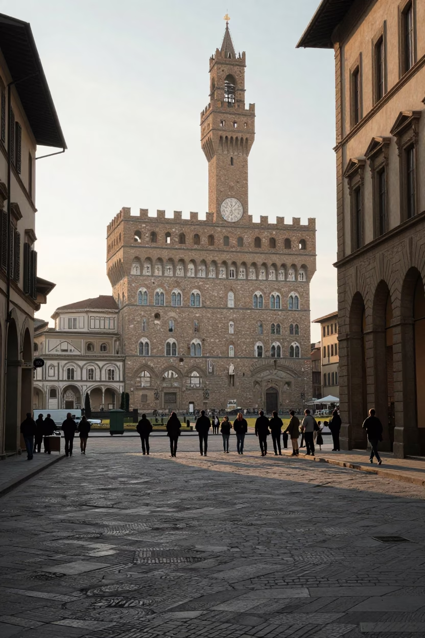 Early Morning Florence Italy Street Scene with Tourists and Historic Architecture in in Florence, Italy