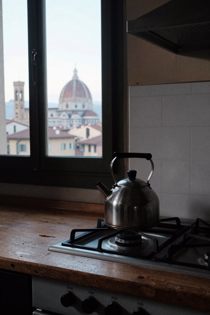 Early Morning Florence Kitchen Scene with Stovetop Kettle and Steam Haze in in Florence, Italy
