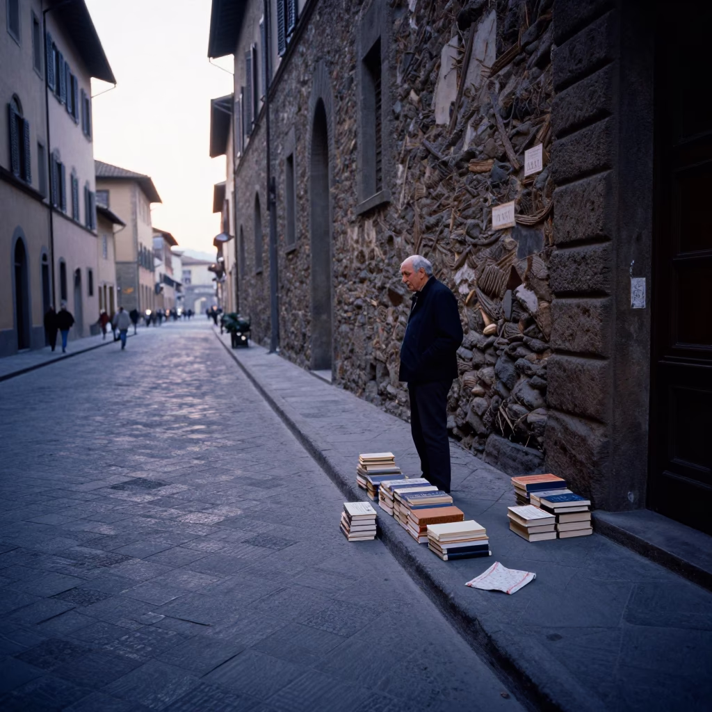 Early Morning Florence Street Scene with Books and Handkerchief Near Historic Stone Buildings in in Florence, Italy