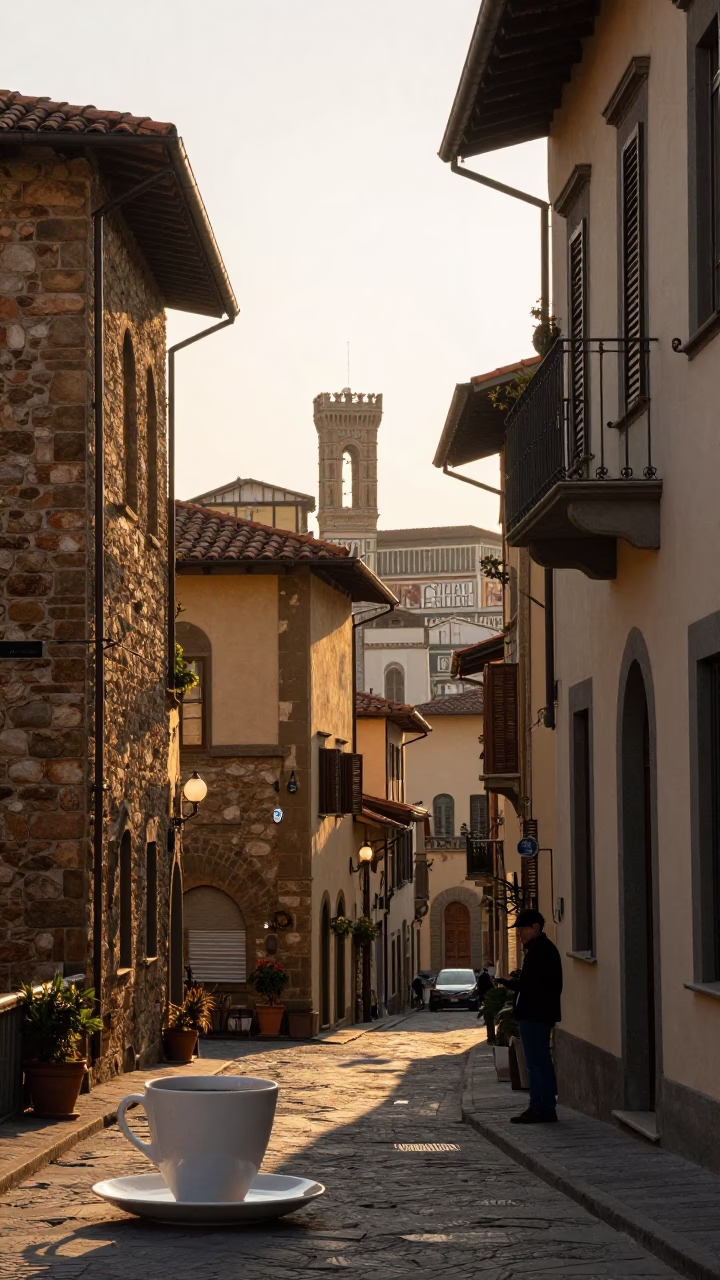 Early Morning Florence Street Scene with Ceramic Cup and Historic Architecture in in Florence, Italy