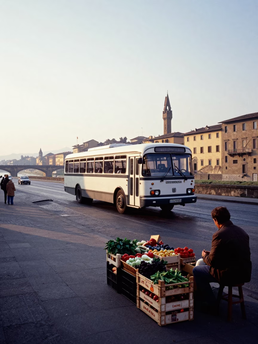 Early Morning Florence Street Scene with Classic Bus and Local Interaction in in Florence, Italy