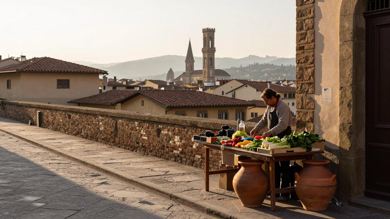 Early Morning Florence Street Scene with Clay Pot and Rusty Countertop Details in in Florence, Italy
