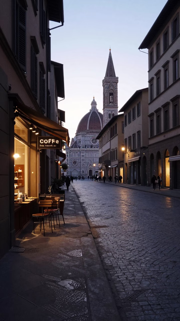 Early Morning Florence Street Scene with Coffee Shop and Pedestrians in in Florence, Italy