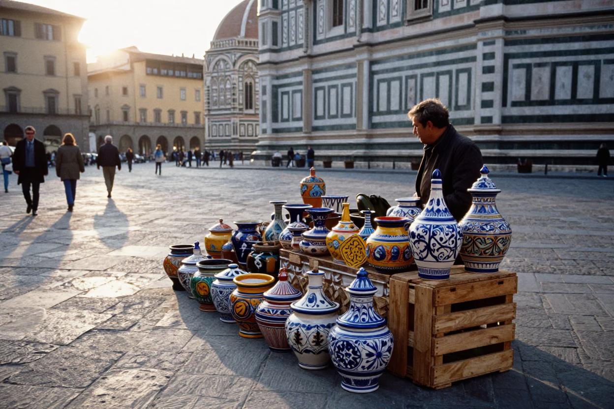 Early Morning Florence Street Scene with Colorful Ceramic Jar and Carrots in in Florence, Italy