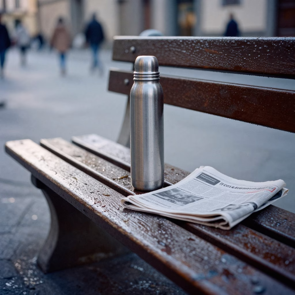 Early Morning Florence Street Scene with Condensation on Bench and Vintage Thermos in in Florence, Italy