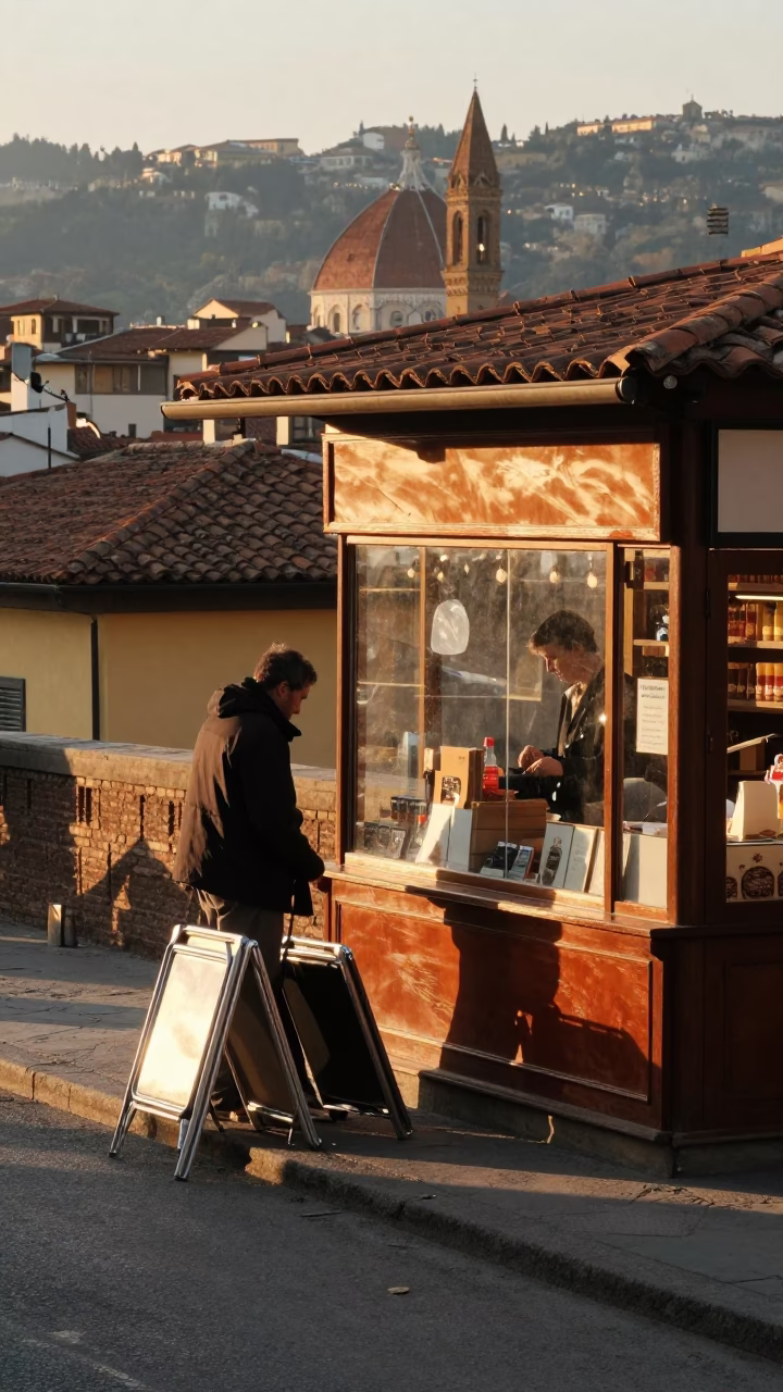 Early Morning Florence Street Scene with Folding Stools and Shop Window Reflections in in Florence, Italy