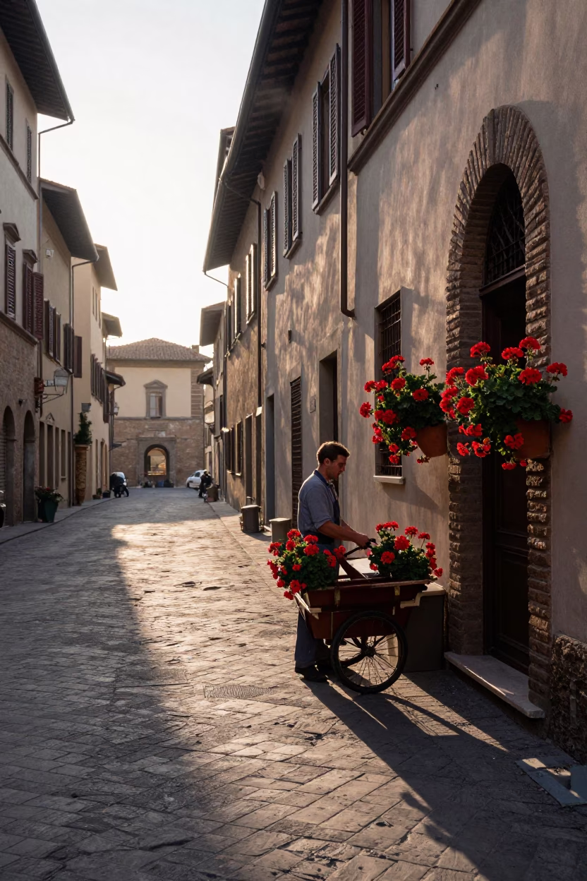 Early Morning Florence Street Scene with Geraniums and Local Market Activity in in Florence, Italy