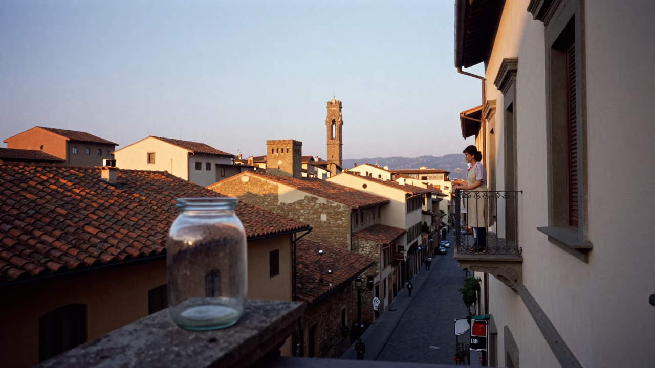 Early Morning Florence Street Scene with Glass Jar on Balcony in in Florence, Italy