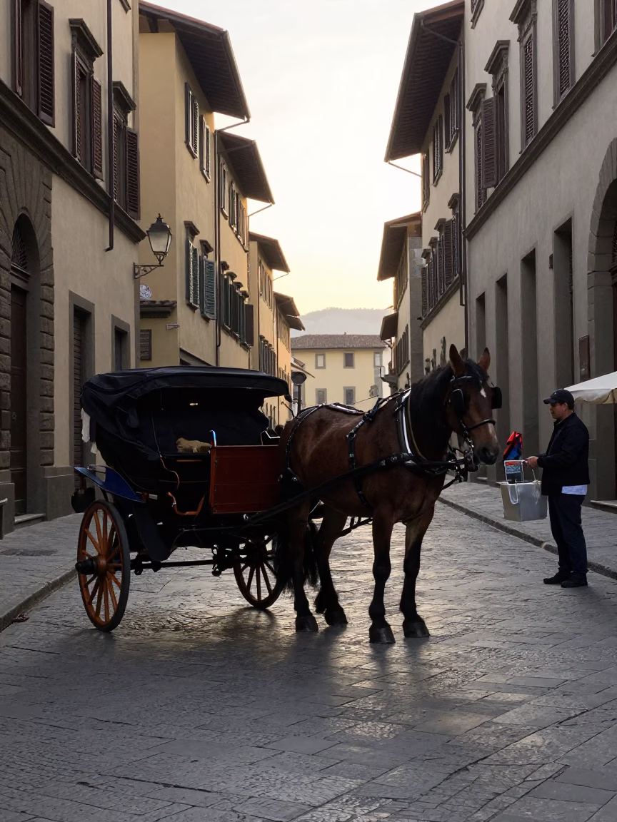 Early Morning Florence Street Scene with Horse Drawn Cart on Cobblestones in in Florence, Italy