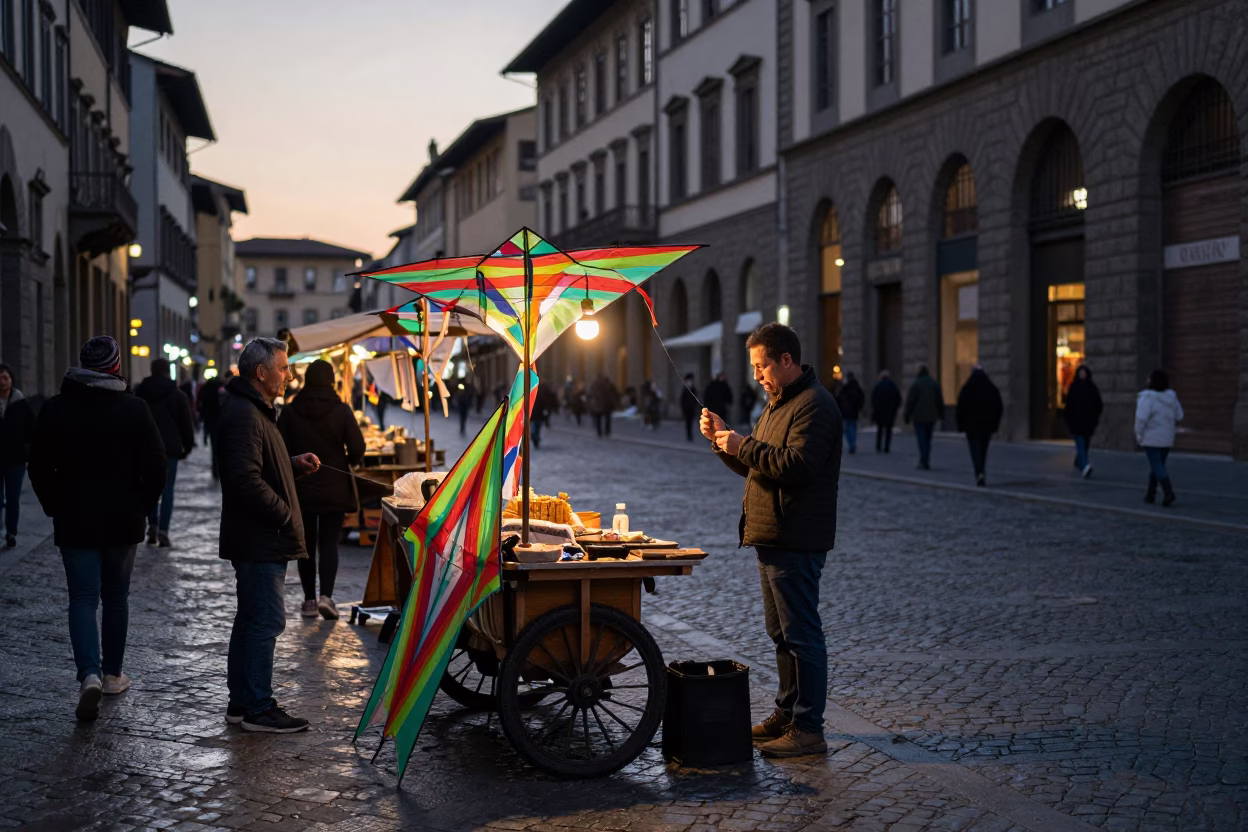 Early Morning Florence Street Scene with Kite Maker and Cleaver Display in in Florence, Italy