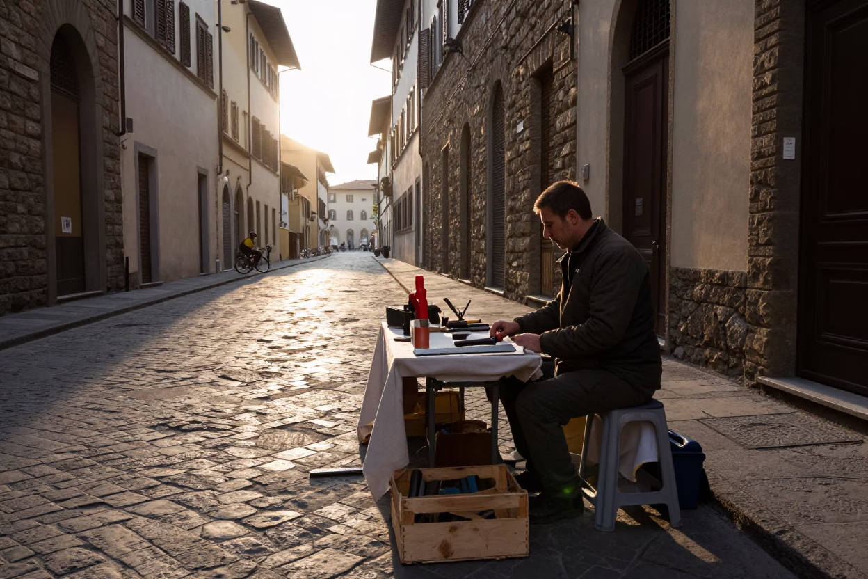 Early Morning Florence Street Scene with Local Artisan and Vintage Elements in in Florence, Italy